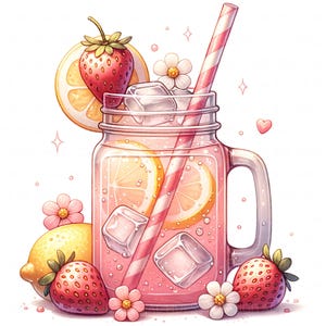 May include: A refreshing pink lemonade in a mason jar, garnished with strawberries, lemon slices, and ice cubes. A pink and white striped straw is in the drink. The image is decorated with small flowers and a heart.