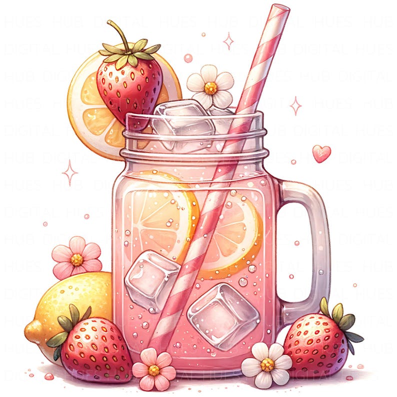 May include: A refreshing pink lemonade in a mason jar, garnished with strawberries, lemon slices, and ice cubes. A pink and white striped straw is in the drink. The image is decorated with small flowers and a heart.