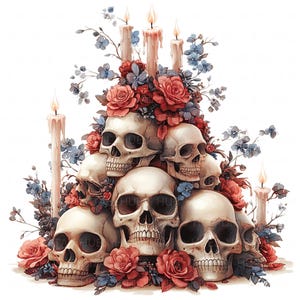 12 Clipart tête de mort floral pile aquarelle squelette humain pyramide tête de mort haute qualité JPEG imprimable pour scrapbooking, journaux indésirables, travaux manuels en papier