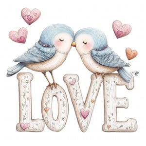 13 AMOUR avec des oiseaux Clipart aquarelle imprimable tourtereaux JPEG haute qualité pour papier créatif journal indésirable carte de mariage Saint-Valentin chambre d'enfant