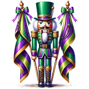 Puede incluir: Un soldado cascanueces decorativo en verde y morado con detalles dorados, sosteniendo dos banderas. Las banderas son verdes, moradas y doradas. El cascanueces tiene barba y bigote blancos y lleva un sombrero verde alto.