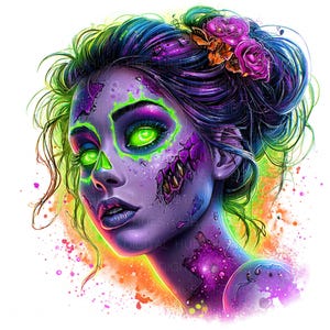 Puede incluir: Arte digital de una mujer zombi con piel morada, ojos verdes brillantes y un contorno verde neón. Su cabello es azul y verde, adornado con rosas moradas. La imagen tiene un efecto acuarela con salpicaduras naranjas y rosas.