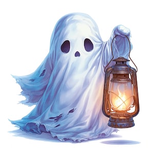 10 schattige spooklantaarn clipart aquarel vriendelijke spookkunst hoge kwaliteit JPEG-afdrukbaar voor plakboek ongewenste tijdschriften papier ambachtelijke kaarten maken