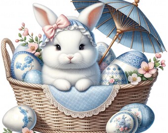 10 Chinoiserie Easter Bunny Basket Clipart: Watercolor Grandmillennial JPEG, Farm Animal Digital Download For Junk Journal, Cards & Nursery