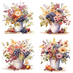 Paquete de 11 imágenes prediseñadas de flores y bayas de otoño, imágenes prediseñadas de jarrón de flores de acuarela, imágenes prediseñadas JPEG de alta calidad para imprimir en papel para álbumes de recortes, diarios basura y manualidades