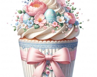 10 Chinoiserie påskmuffins Clipart: Akvarell Grandmillennial, påskgodis PNG, äggfödelsedagsmuffins digital nedladdning för kort, dekoration