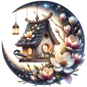 23 Casa de Pássaro Caprichosa Clipart Aquarela Lua Crescente Mágica Casa de Pássaro Alta Qualidade JPG Imprimível Scrapbook Diário de Lixo Papel Artesanal