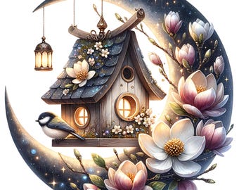 23 imágenes prediseñadas de casitas para pájaros caprichosas, acuarela, casita para pájaros con luna creciente mágica, JPG de alta calidad, imprimibles, álbumes de recortes, diarios creativos, manualidades con papel