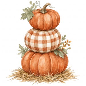 Può includere: Un'illustrazione ad acquerello di tre zucche impilate su un letto di paglia. La zucca in alto è arancione, quella centrale presenta un motivo a quadri bianchi e arancioni, e quella in basso è arancione. Foglie e bacche verdi accentuano i lati.