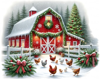 16 Christmas Red Barn Clipart: Watercolor Holiday Farm Barn Scene JPEG, Vintage Countryside Digital Download For Xmas Junk Journals & Cards