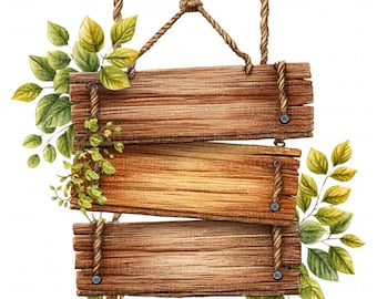 10 Rustic Wooden Sign Clipart Watercolor Vintage Hanging Garden Sign Frames Printable High Quality PNG Junk Journal Scrapbook Paper Craft