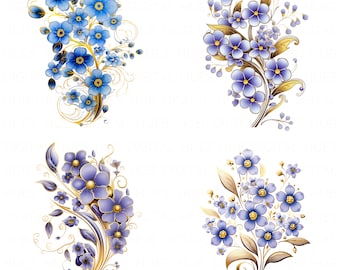 12 Forget Me Not Design Element Clipart Bundle Watercolor Border Design Printable High Quality JPEG For Card Making Paper Craft Scrapbook