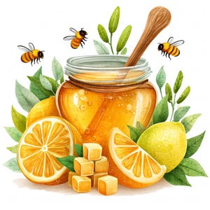 May include: Watercolor illustration of a jar of honey with a wooden honey dipper, surrounded by lemons, leaves, and bees. The honey is a golden color, and the lemons are yellow. Several caramel cubes are also present.