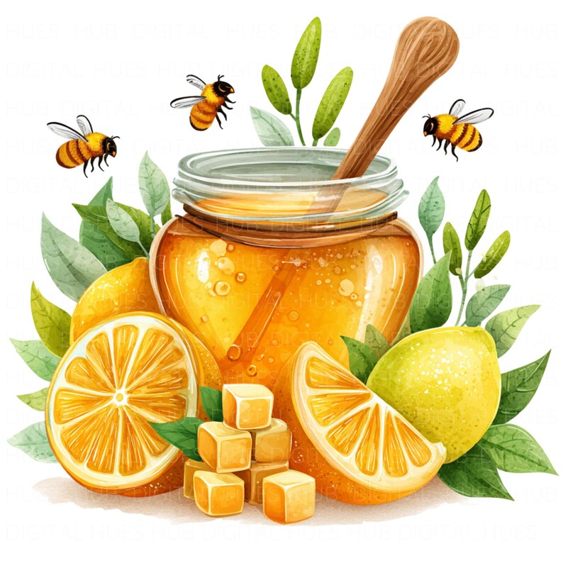 May include: Watercolor illustration of a jar of honey with a wooden honey dipper, surrounded by lemons, leaves, and bees. The honey is a golden color, and the lemons are yellow. Several caramel cubes are also present.