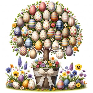 Puede incluir: Una ilustración caprichosa de un árbol de huevos de Pascua. El árbol está adornado con numerosos huevos decorados con varios patrones y colores, plantado en una maceta de madera con un gran lazo. Flores y follaje coloridos rodean el árbol, creando una escena primaveral festiva.