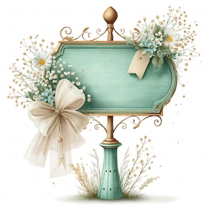 May include: A decorative signpost with a teal sign and ornate gold trim. The sign is adorned with a large cream-colored bow, daisies, and sprigs of delicate flowers. A blank tag hangs from the sign, suggesting customization.