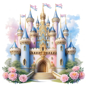 11 Floral Princess Castle Clipart Watercolor Pastel Fairytale Magical Kingdom Printable High Quality JPEG Junk Journal Paper Craft Scrapbook