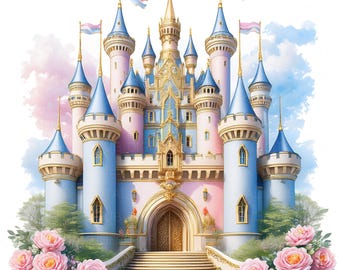 11 Floral Princess Castle Clipart Watercolor Pastel Fairytale Magical Kingdom Printable High Quality JPEG Junk Journal Paper Craft Scrapbook