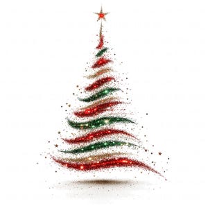 Puede incluir: Ilustración de un árbol de Navidad estilizado, compuesto por remolinos de purpurina roja, verde y dorada, coronado por una estrella roja. Pequeñas estrellas doradas salpican el conjunto, sobre un fondo blanco.