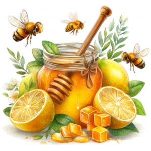 May include: Watercolor illustration of a jar of honey with a wooden honey dipper, surrounded by lemons, leaves, and flying bees. The image features a bright, sunny color palette with yellow and green hues, evoking a sense of natural sweetness and freshness.