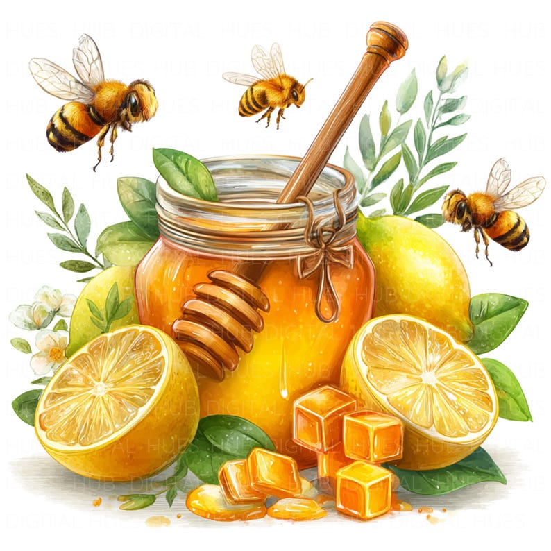 May include: Watercolor illustration of a jar of honey with a wooden honey dipper, surrounded by lemons, leaves, and flying bees. The image features a bright, sunny color palette with yellow and green hues, evoking a sense of natural sweetness and freshness.