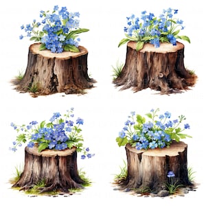 15 bundle di clipart di ceppi di alberi floreali acquerello non ti scordar di me stampabile alta qualità JPEG per carta da giornale spazzatura artigianato album tronco d'albero