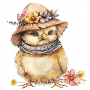 10 Pulcino di Pasqua con Cappello Floreale Clipart Acquerello Asilo Nido Pollo Arte Stampabile Alta Qualità JPEG Carta Diario Spazzatura Artigianato Scrapbook
