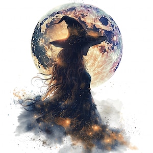 May include: Silhouette of a witch wearing a pointed hat, standing in front of a large, colorful moon. The moon has a swirling, galaxy-like pattern. The witch is surrounded by a cloud of sparkling dust.
