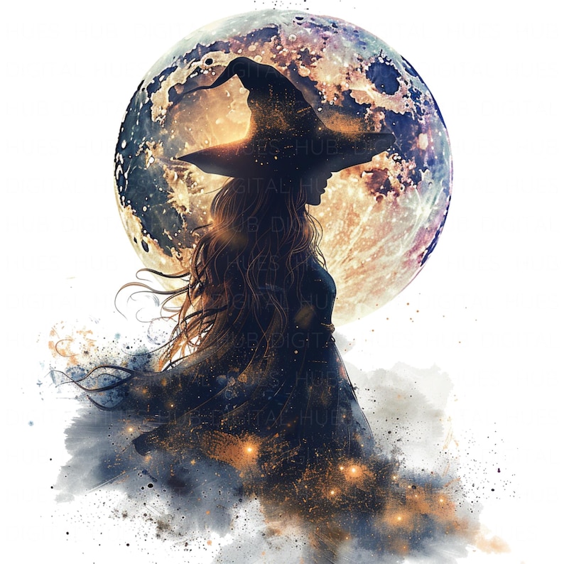 May include: Silhouette of a witch wearing a pointed hat, standing in front of a large, colorful moon. The moon has a swirling, galaxy-like pattern. The witch is surrounded by a cloud of sparkling dust.