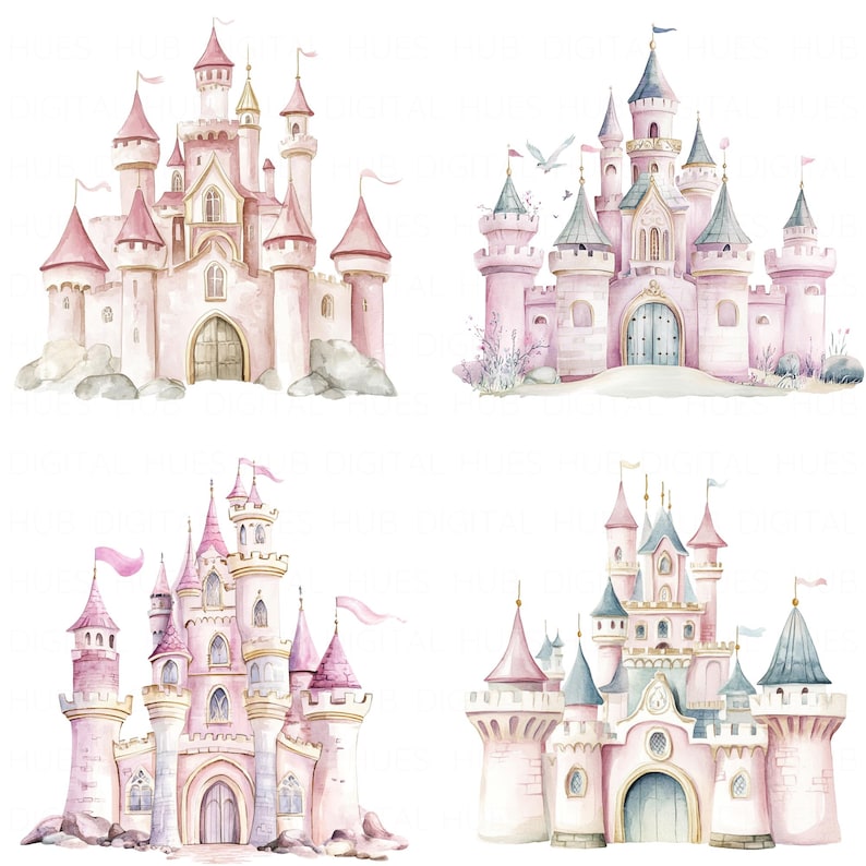May include: Four watercolor illustrations of pink and blue castles with gold accents. Each castle has a unique design with towers, windows, and a large entrance.