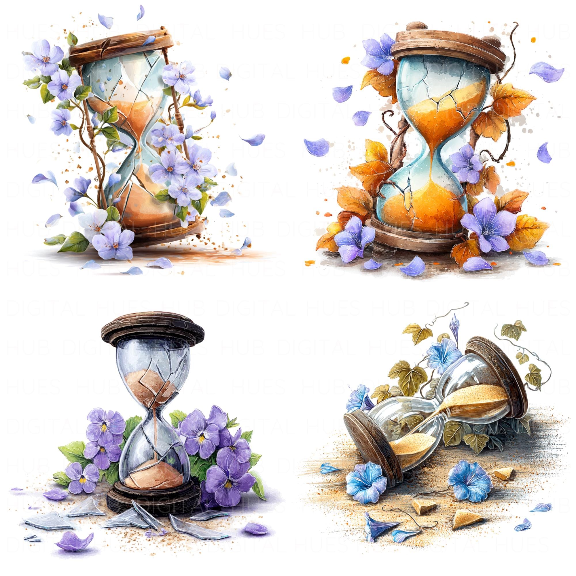 16 Broken Hourglass Clipart Watercolor Sand Clock Art Sandglass Timer ...