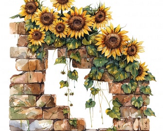 10 Girassol Tijolo Parede Clipart Aquarela Jardim Parede Floral Parede Imprimível Alta Qualidade JPEG Para Diário De Lixo Scrapbook Papel Artesanato DIYs