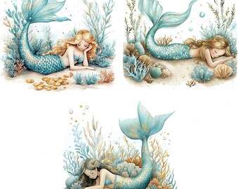 11 リトルマーメイド 水中で眠る 水彩画 おとぎ話 アート 印刷可能 高
