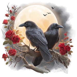 11 gotische zwarte raven clipart aquarel Halloween zwarte kraaien Fantasy spookachtige vogels afdrukbare hoge kwaliteit PNG junk Journal plakboekkaarten