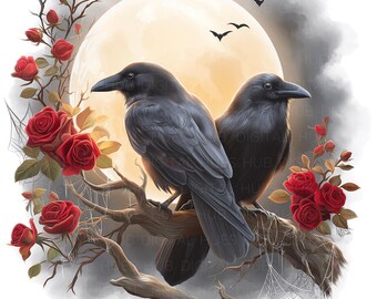 11 gotische zwarte raven clipart aquarel Halloween zwarte kraaien Fantasy spookachtige vogels afdrukbare hoge kwaliteit PNG junk Journal plakboekkaarten