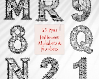 May include: Black and white Halloween-themed alphabet and number graphics. The letters and numbers are decorated with spooky designs, including hands, vampire teeth, candles, ghosts, eyeballs, mummies, skulls, and jack-o'-lanterns. The image includes the text "35 PNG Halloween Alphabets & Numbers."