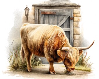 17 Highland Cow Farm Clipart Akvarell Ko På Bondgård Stuga Bondgård Ko Utskrivbar Högkvalitativ JPEG Skräpjournal Papperspyssel Scrapbook DIY