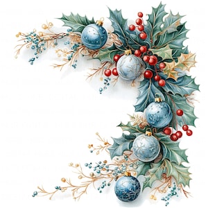 15 Blätter der Stechpalme und Kugeln Clipart Aquarell Weihnachtskugel druckbare hochwertige JPEG für Junk Journals Papierhandwerk Scrapbook Card DIY