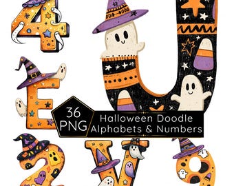 May include: A collection of Halloween-themed doodle alphabets and numbers. Each letter and number is decorated with witch hats, ghosts, stars, and candy corn. The image includes the numbers 2, 4, and 9, and the letters E, U, and V.