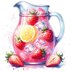 May include: A watercolor illustration of a clear glass pitcher filled with pink lemonade, strawberries, ice cubes, and a lemon slice. Two strawberry halves are in front of the pitcher. The pitcher has a handle and a pouring spout.