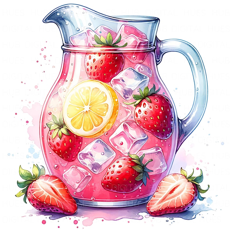 May include: A watercolor illustration of a clear glass pitcher filled with pink lemonade, strawberries, ice cubes, and a lemon slice. Two strawberry halves are in front of the pitcher. The pitcher has a handle and a pouring spout.