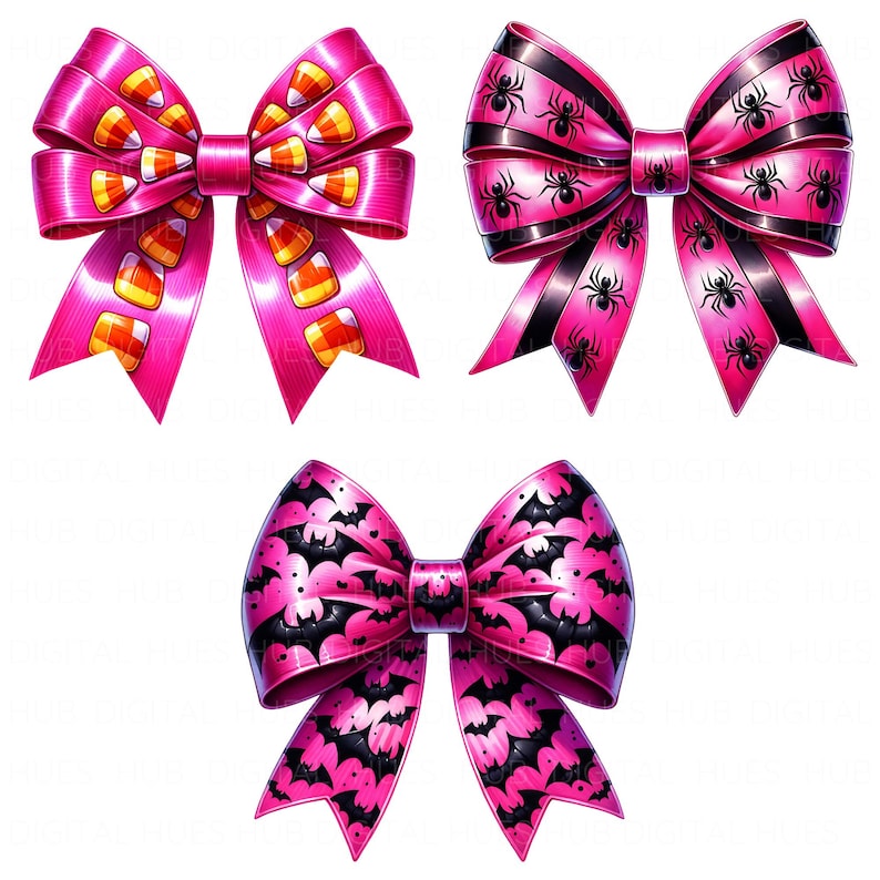 12 Pink Halloween Bow Clipart: Watercolor Cute Spooky Ribbons PNG ...