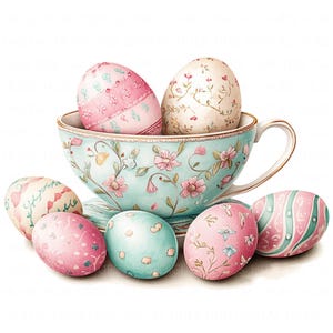 11 Clipart di tazze da tè pasquali festive, acquerello, uova di Pasqua, tazze, stampabili, JPEG di alta qualità per carta da giornale, scrapbook, biglietti per bambini