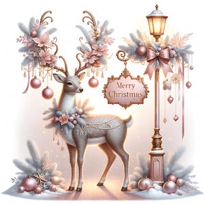Op de afbeelding: Een feestelijke kerstillustratie met een rendier versierd met bloemen geweien en een slinger. Een lantaarnpaal met een strik en ornamenten staat ernaast. Het bord leest "Merry Christmas". Het kleurenpalet omvat roze, wit en goud.