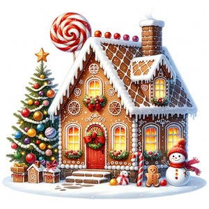 Könnte beinhalten: Ein festliches Lebkuchenhaus mit weißer Glasur, einer roten Tür und einem schneebedeckten Dach. Ein Weihnachtsbaum mit Ornamenten, Geschenken, einem Schneemann und einer Zuckerstange vervollständigen die festliche Szene. Ein großer rot-weiß-gestreifter Lutscher steht neben dem Haus.