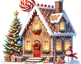 12 ジンジャーブレッドハウスのクリップアート：水彩画風のクリスマス
