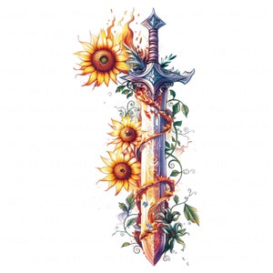 May include: A sword with a purple and silver hilt is wrapped in vines and sunflowers. The sword is surrounded by a fiery orange glow.