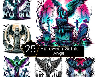 25 Dark Gothic Angel Clipart: Watercolor Halloween Cemetery, Tombstone & Bats JPEG Digital Download For Junk Journal, Scrapbook, Card Making