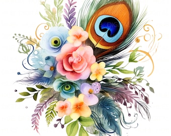 Könnte beinhalten: Ein Aquarellgemälde eines Blumenstraußes mit einer Pfauenfeder. Die Blumen sind in Blautönen, Rosa, Gelb und Lila gehalten. Die Pfauenfeder ist grün, blau und orange.