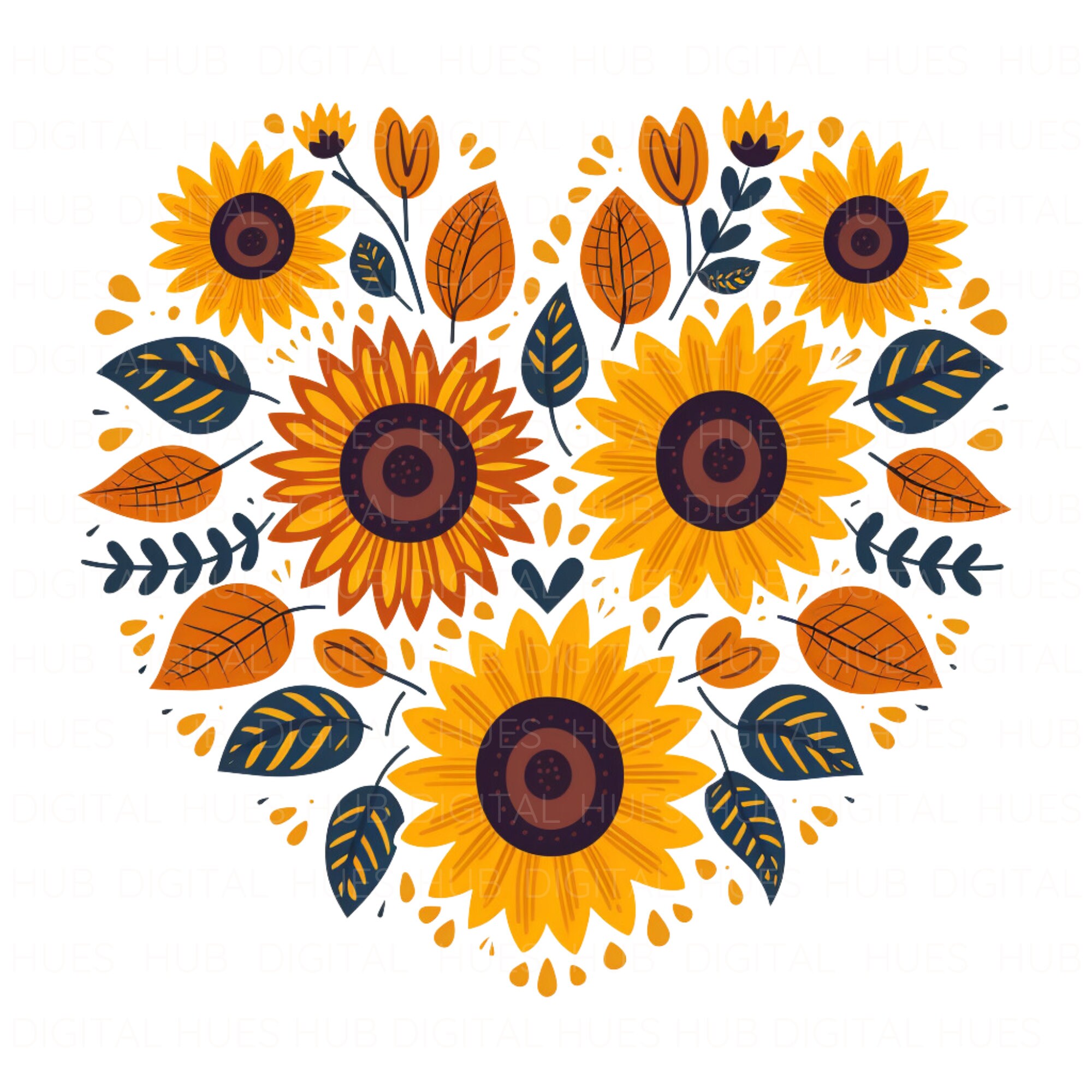 13 Sunflower Heart Clipart Bundle Watercolor Floral Heart Printable ...